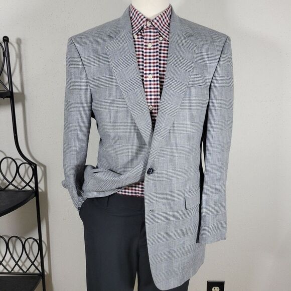 JOS A BANK Mens Sport Coat Blazer Two Button Blue Gray Plaid Silk Wool Linen 41L - Picture 1 of 15
